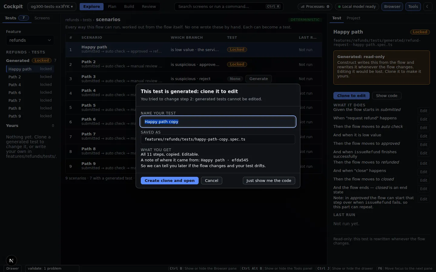 Clone dialog explaining that a generated test is locked, with a name field for the copy