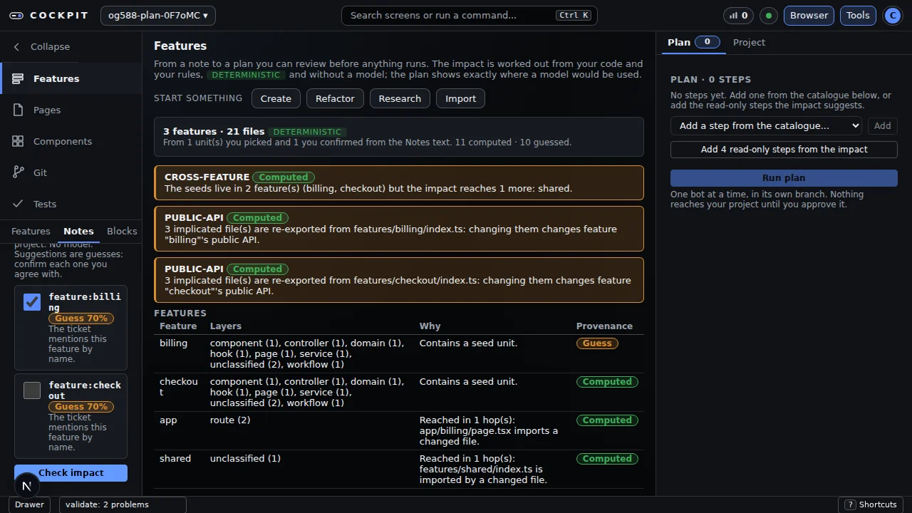 What a change touches: 3 features and 21 files, with cross-feature and public-API warnings and Computed or Guess marks on every row