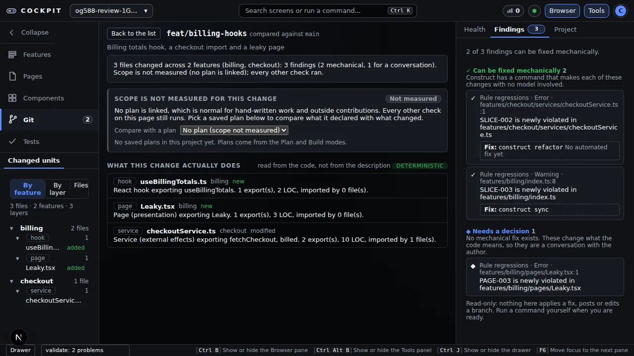 Findings tab: two of three findings can be fixed mechanically, each with its command, and one needs a decision