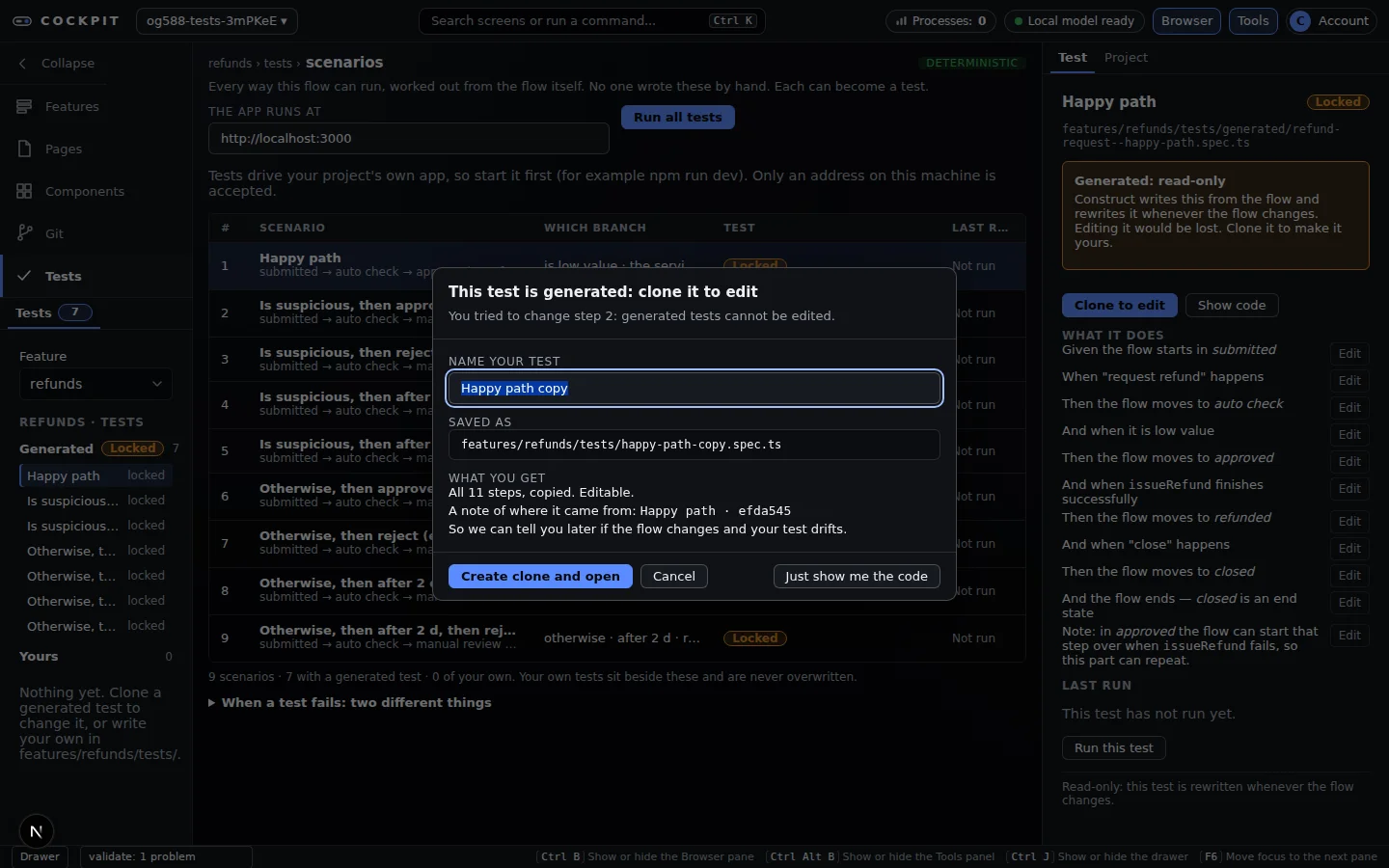 Clone dialog explaining that a generated test is locked, with a name field for the copy