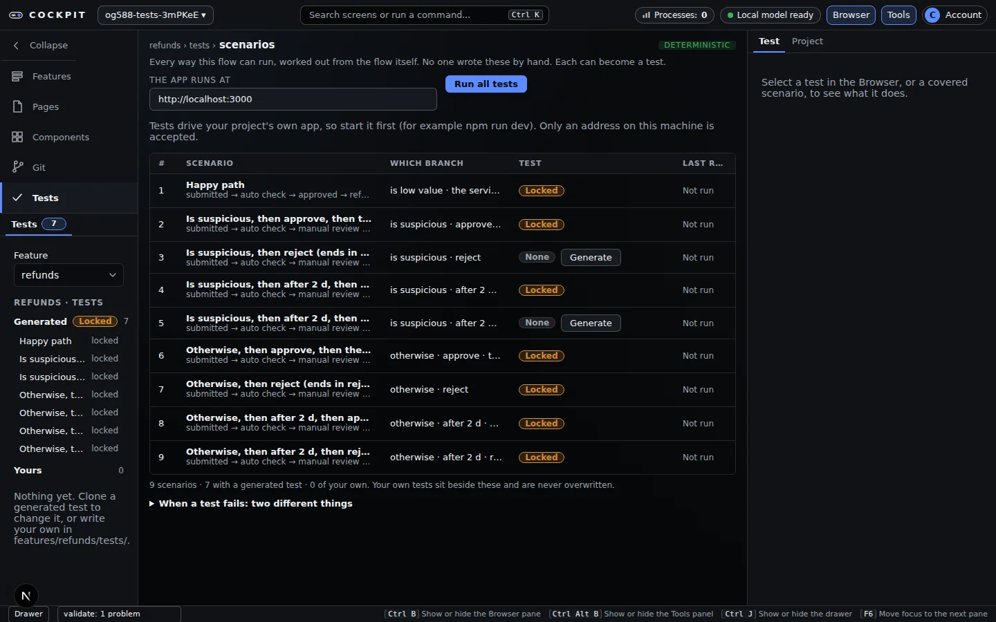 Tests screen for a refunds feature: nine scenarios, seven with a locked generated test and two with none, each with a Generate button
